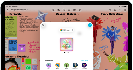 iPad Air, voorkant, horizontale stand, volumeknoppen, aan/uit-knop, scherm met een kleurrijke app-interface met verschillende symbolen
