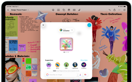 iPad Air, voorkant, horizontale stand, volumeknoppen, aan/uit-knop, scherm met een kleurrijke app-interface met verschillende symbolen