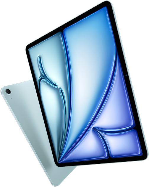 Schuin vooraanzicht van 13‑inch iPad Air, kleurrijke afbeelding op display, achteraanzicht van 11‑inch iPad Air met 12-MP Groothoekcamera aan de achterkant