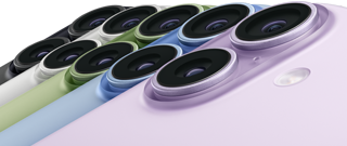 iPhone 17, achterkant, Fusion dual camera-systeem, alle vijf kleuren overlappend: Zwart, Wit, Saliegroen, Nevelblauw en Lavendel