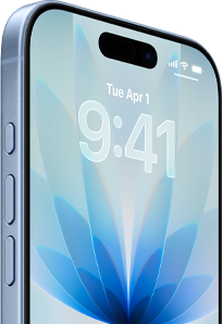 iPhone 17, voorkant, kleur Nevelblauw, Dynamic Island in het midden, knoppen: Actieknop, volumeknoppen