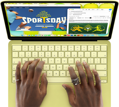 MacBook Neo, kleur Citrus, handen op toetsenbord, gebruiker stelt een e-mail op met een uitnodiging voor de opening van een sportevenement, website van het evenement is ernaast geopend