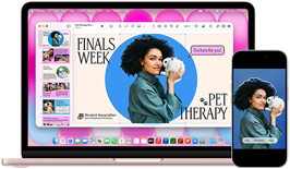 MacBook Neo, kleur Blos, naast een iPhone, op het MacBook Neo-scherm staat een presentatie getiteld Finals Week Pet Therapy met een foto van iemand die een konijn vasthoudt, op het iPhone-scherm staat dezelfde foto die is omgezet in een sticker voor in de presentatie