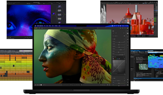 Kleurrijke schermcontent van apps voor muziekproductie, videobewerking, 3D-animatie en fotobewerking op Mac, ter demonstratie van de krachtige graphics