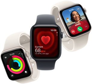 Drie Apple Watch SE 3-devices die naast elkaar zweven