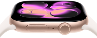 Apple Watch Series 11, kast van roségoudkleurig aluminium, wijzerplaat Responsive Art, rechterkant: Digital Crown, microfoon, zijknop, rosé sportbandje