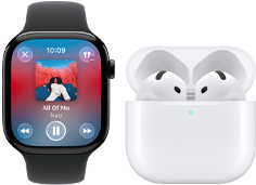 Apple Watch Series 11, kast van titanium, kleur leisteen, bandje: zwart sportbandje, Apple Music-app geopend, gekoppeld met AirPods 4