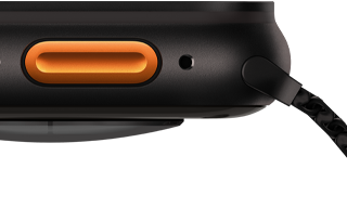 Apple Watch Ultra 3, kleur zwart, kast van titanium, bolvormige sensor aan de achterkant, linkerkant, speaker/ventilatie, Actieknop, microfoon